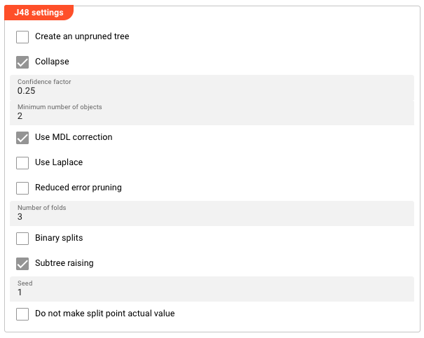 J48 Settings — pruning and tree construction parameters