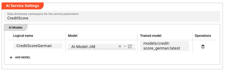 AI Service Settings — data dictionary namespace and AI Models table