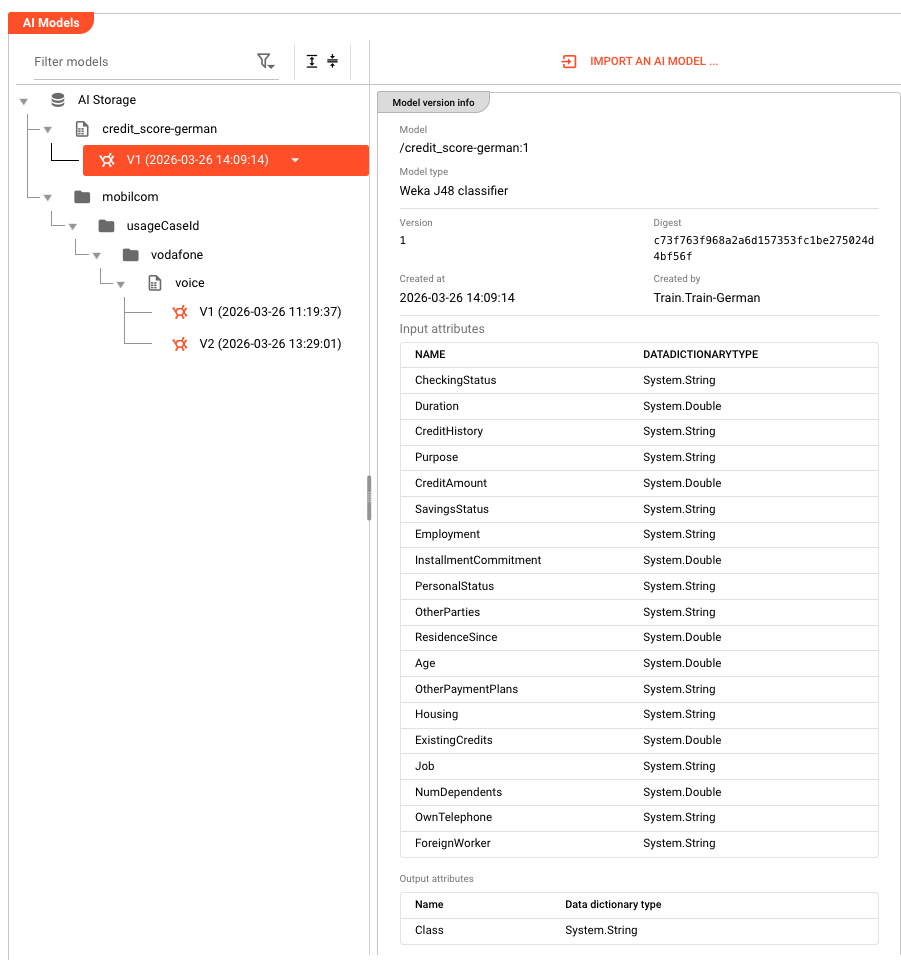 AI Storage — browsing trained model versions