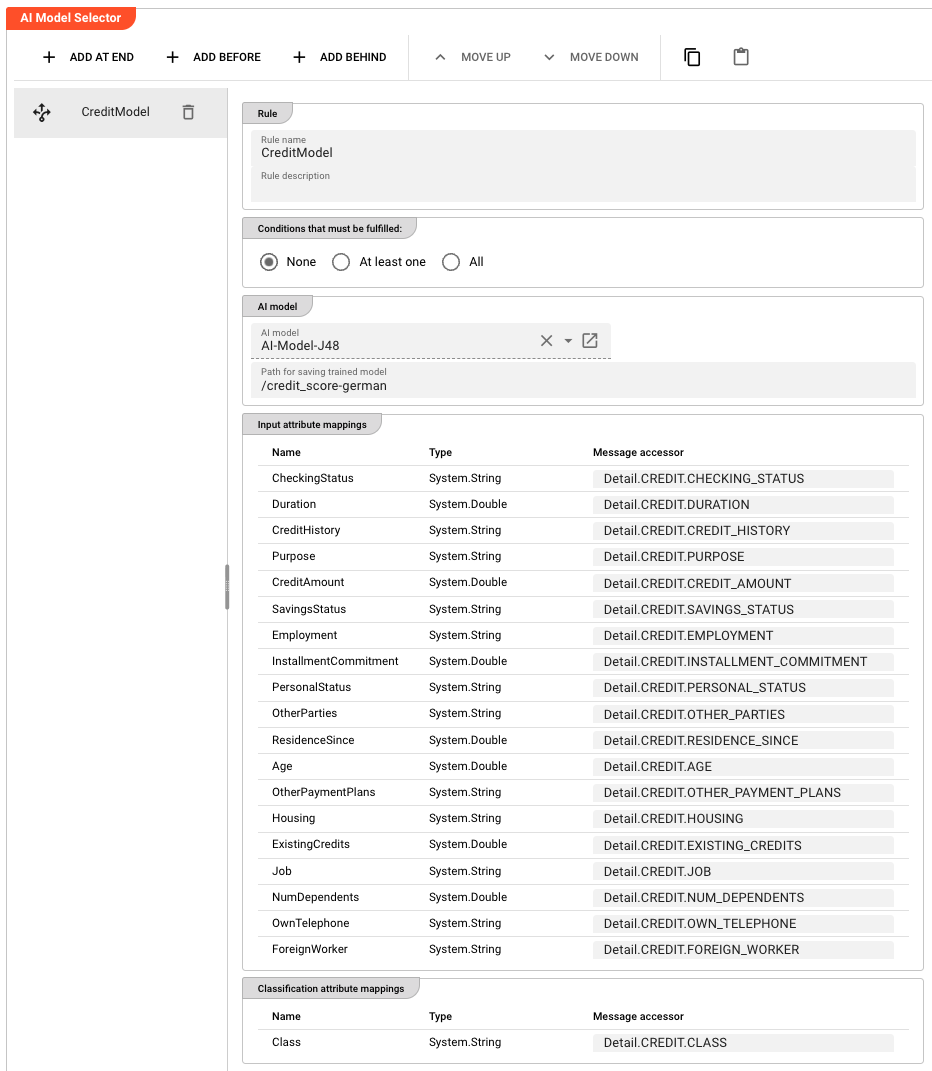 AI Model Selector — path and input attribute mappings