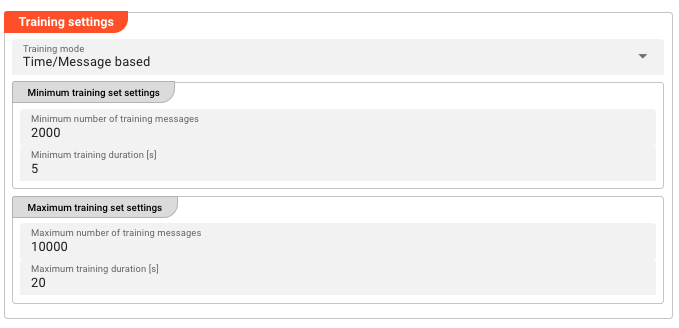 Training settings — Time/Message based mode with minimum and maximum training set limits