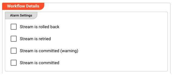 Alarm settings panel showing checkboxes for rollback, retry, warning, and commit alarms