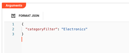 Arguments editor showing categoryFilter