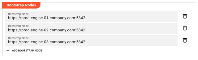 Bootstrap Nodes section showing multiple cluster node URLs with add and delete controls