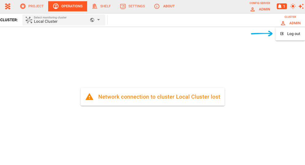 User menu in top-right corner showing username dropdown with "Log out" option