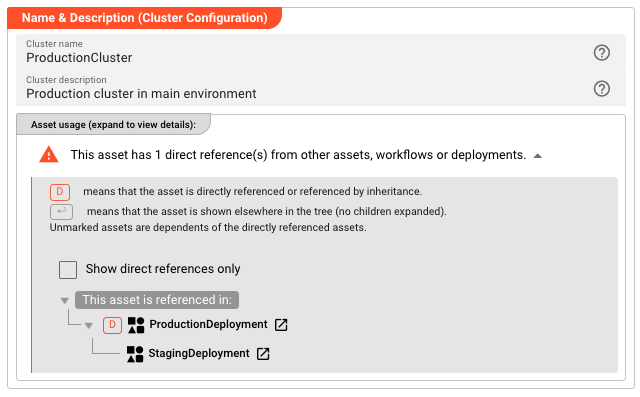 Cluster Name and Description section showing cluster configuration with asset reference warnings