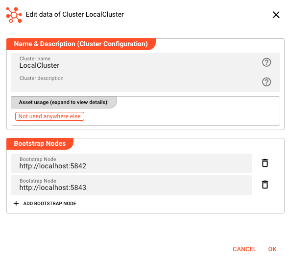 Edit Cluster dialog showing the cluster name, description, and bootstrap nodes fields