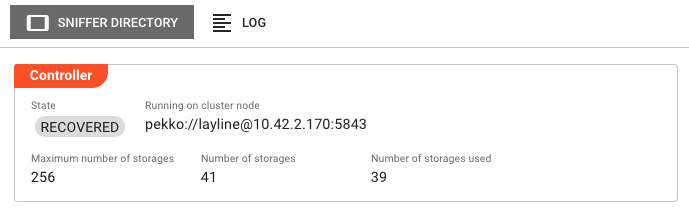 Sniffer Directory controller panel showing State badge (RECOVERED), Running on cluster node address, Maximum number of storages (256), Number of storages (41), and Number of storages used (39)
