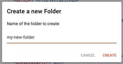 Create Folder dialog showing Name input field and Create button