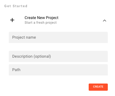 Create New Project panel — Project name, Description, and Path fields