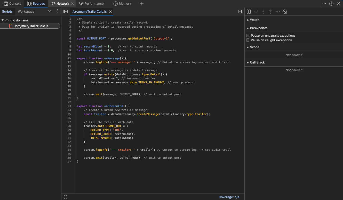 Browser DevTools showing the TrailerCalc.js source file with debugging panels for Watch, Breakpoints, Scope, and Call Stack