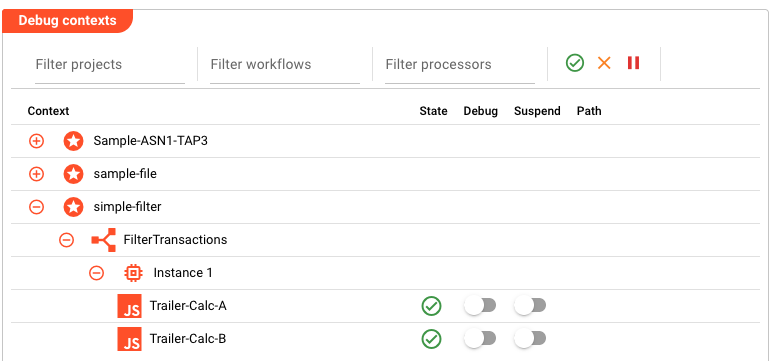 Debug contexts tree showing expanded workflow hierarchy with processors listed and their debug toggle states