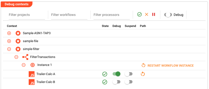 Debug contexts showing enabled debugging for Trailer-Calc-A with the RESTART WORKFLOW INSTANCE button visible