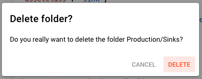 Delete Folder confirmation dialog asking "Do you really want to delete the folder Production/Sinks?"