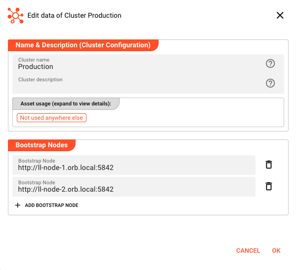 Edit Cluster dialog showing Name & Description section with "Production" cluster name and Bootstrap Nodes list with ll-node-1 and ll-node-2 URLs