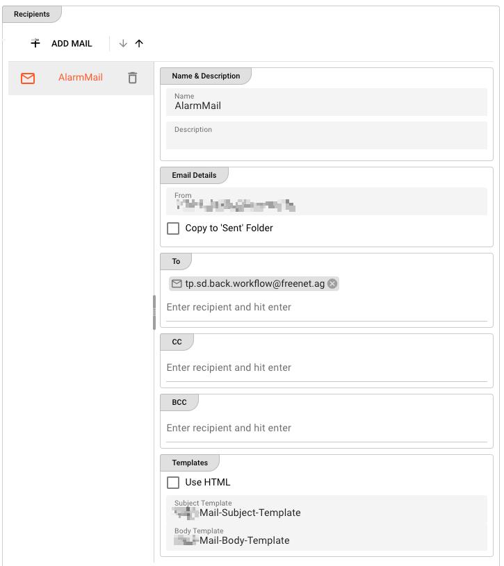 Email target Recipients section showing the Mail Ops Editor