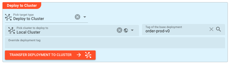 Deploy to Cluster configuration showing target type selector, cluster selection, and base deployment tag field