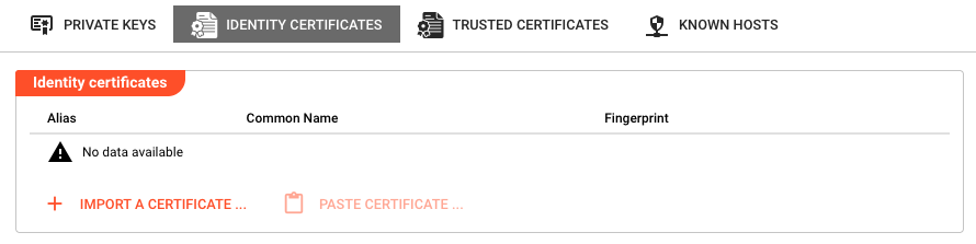 Identity certificates tab showing an empty state with Import/Paste buttons