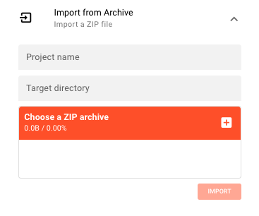 Import from Archive panel — Project name, Target directory, and ZIP file uploader