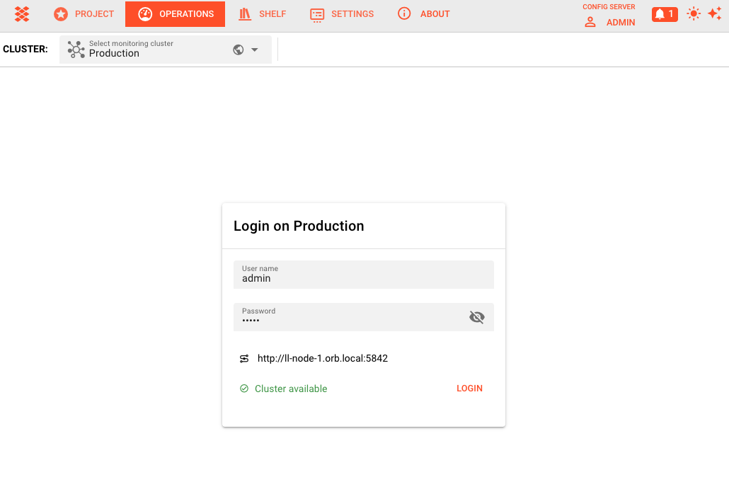 Operations page login form for Production cluster with username, password fields and cluster available indicator