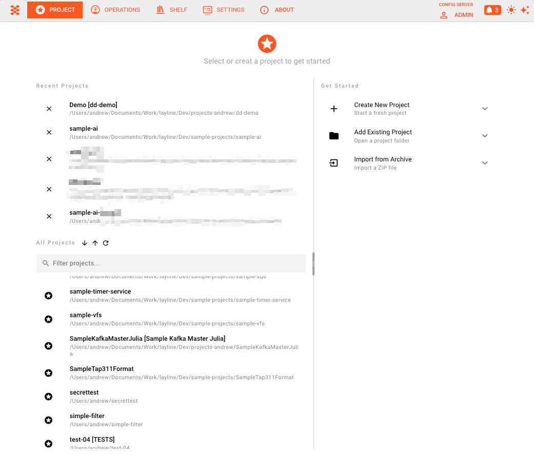 Project Hub — full two-panel layout with Recent Projects, All Projects, and Get Started panel
