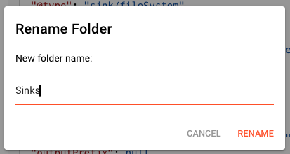 Rename Folder dialog with current name "Sinks" highlighted in the input field