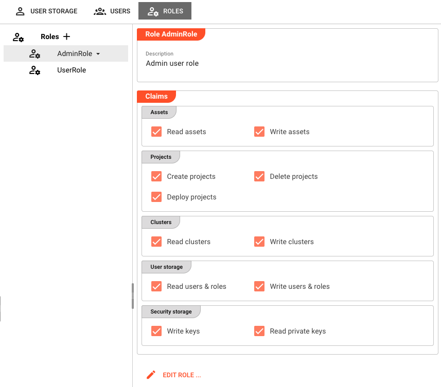 Settings > Roles tab showing the role list and selected role details with privilege checkboxes