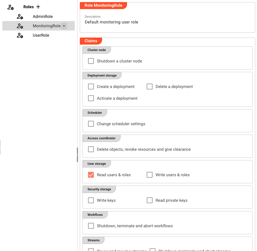 Roles tab with a role selected, showing the claims detail panel on the right