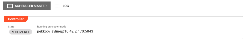 Scheduler Master showing Controller state RECOVERED and the cluster node address