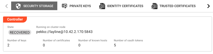 Security Storage overview tab showing the Controller panel with State, Running on cluster node, and item counters