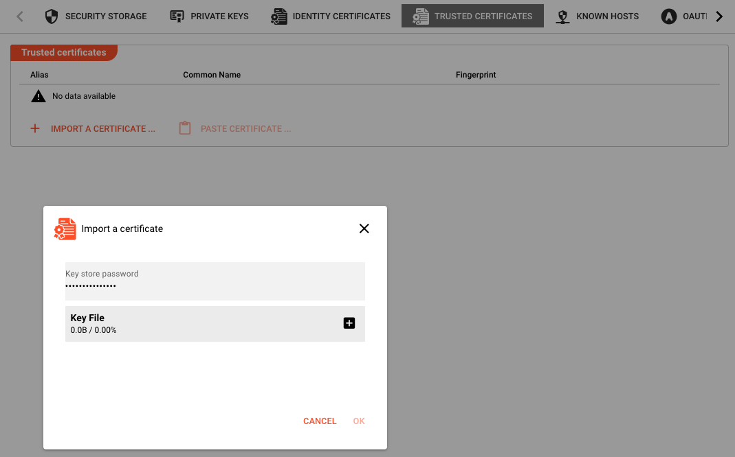 Trusted certificates tab showing the empty certificate table and the Import certificate dialog