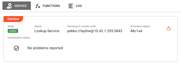 Service detail panel showing state, name, cluster node, activation digest, and initialization status