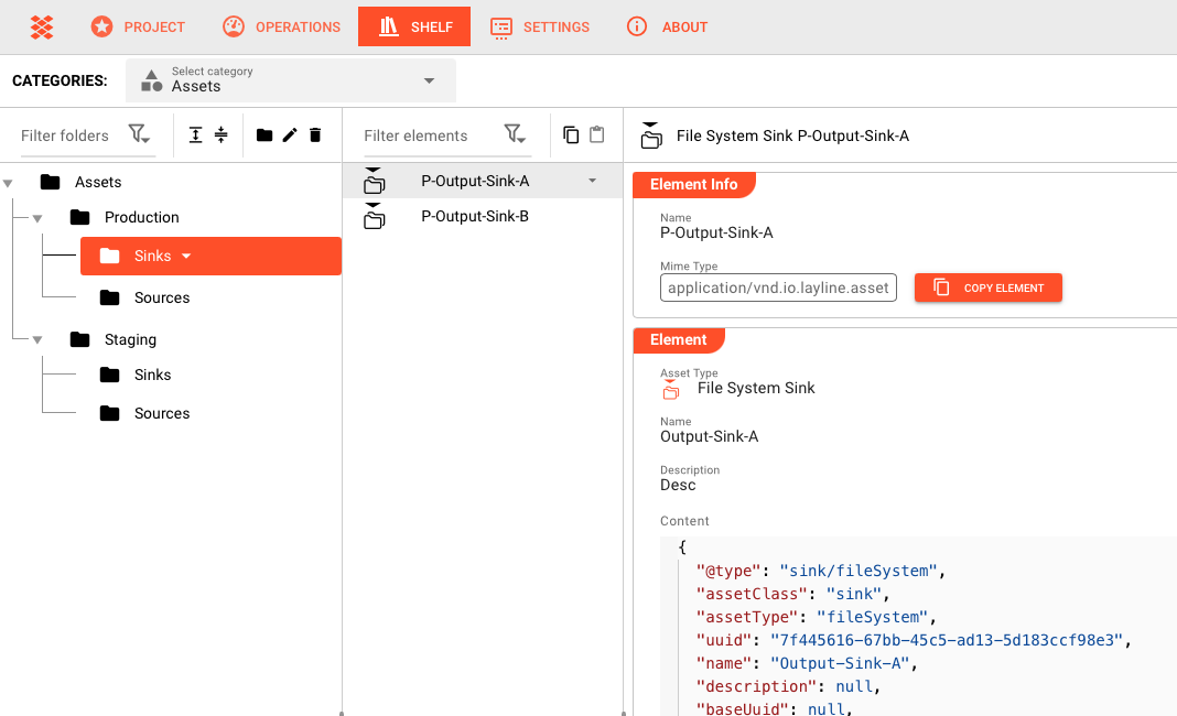 Shelf overview showing the three-panel layout with Categories sidebar, Folders list, and Elements grid