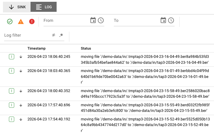 Log tab showing file movement entries with timestamps