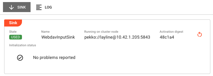 Sink tab showing state badge, initialization status, and cluster node information