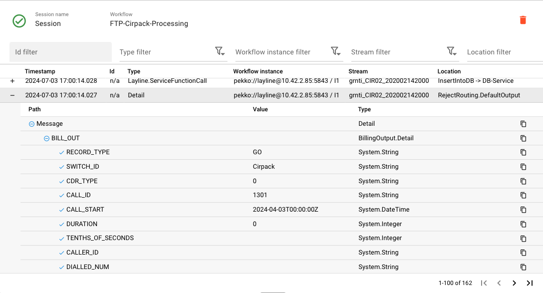 Sniffer session message detail showing expanded message tree with BILL_OUT record fields