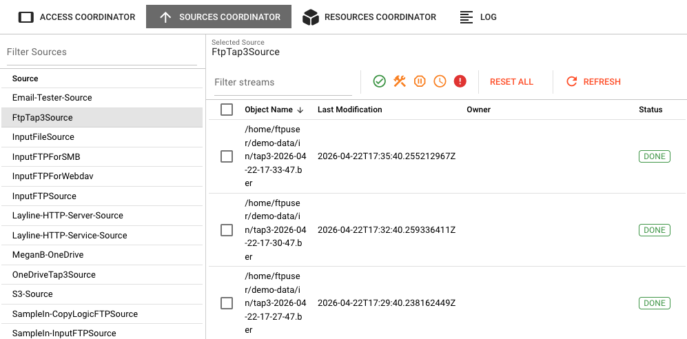 Sources Coordinator tab showing split view with sources list on left and objects table on right displaying processed files with DONE status