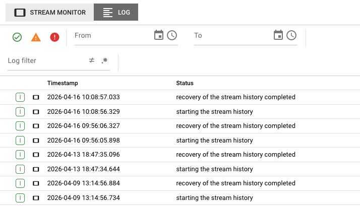 Log tab showing the live log stream from the stream monitor controller with timestamped entries and status messages