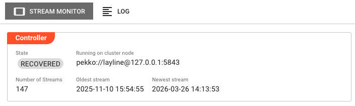 Stream Monitor overview tab showing the Controller panel with State badge (RECOVERED), Running on cluster node address, Number of Streams, Oldest stream, and Newest stream