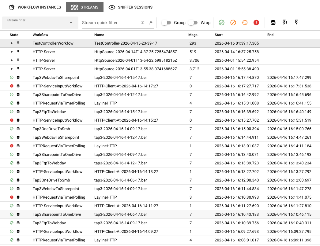 Streams table showing state, workflow, name, messages, start, and end columns