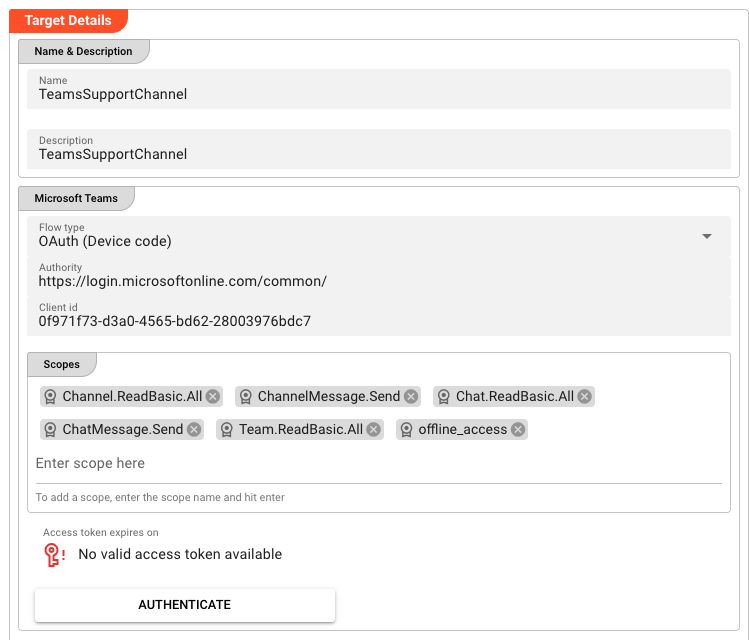 Teams target OAuth settings showing flow type, authority, client ID, and scopes