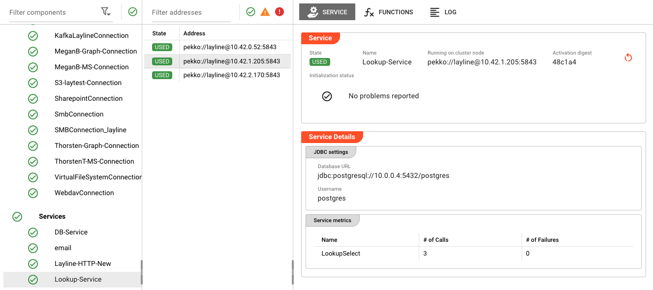 Service State overview showing connections list, service details, and metrics for Lookup-Service