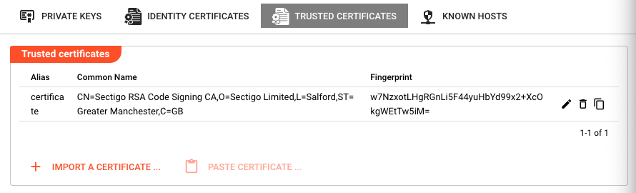 Trusted certificates tab showing the table with Alias, Common Name, and Fingerprint columns, plus Import/Paste buttons