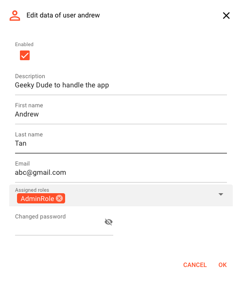 Edit user dialog showing all editable fields including roles and password