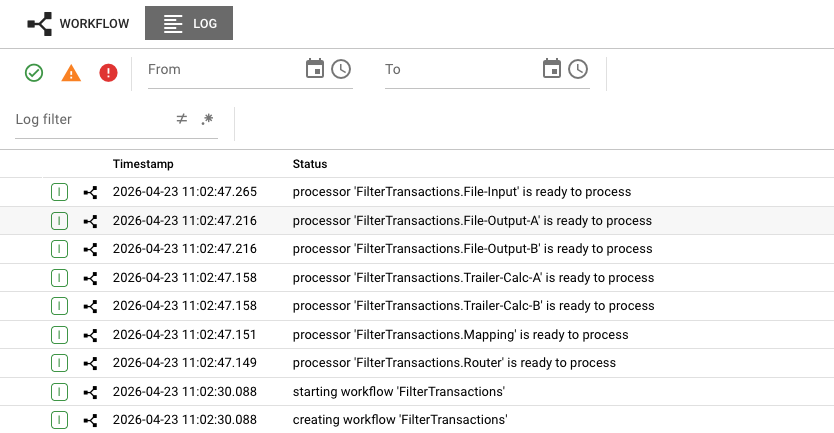 Workflow Log tab showing timestamped entries with processor status messages