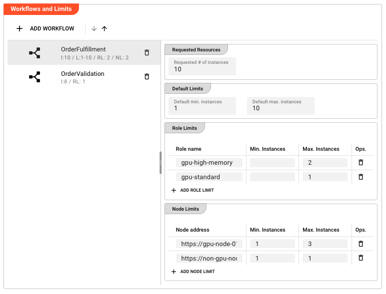 Scheduler Settings editor showing the main configuration panel with workflow list and limits sections