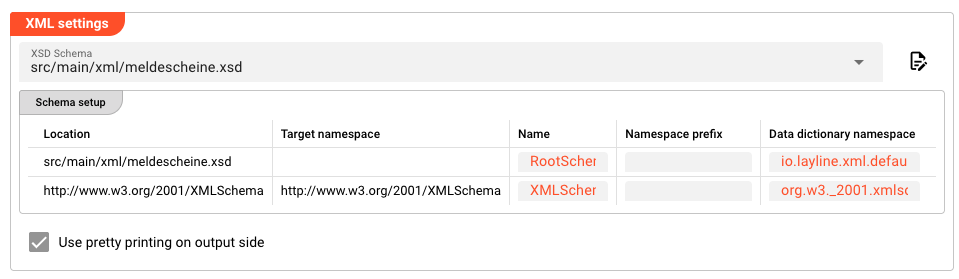 XML Settings — XSD Schema selector and Schema setup table